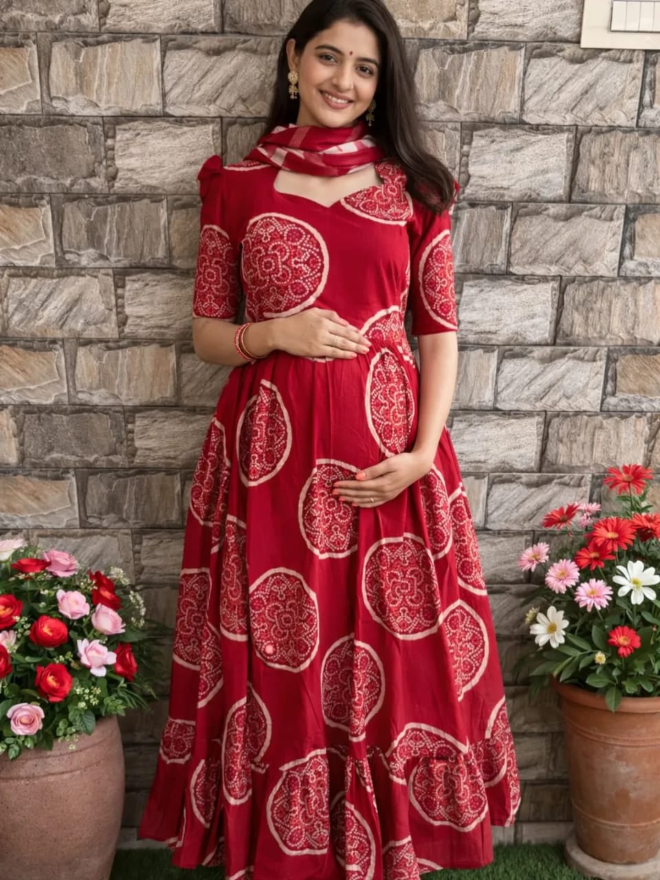 Beautiful cotton Fabric gown kurti Pant With mulmul Dupatta