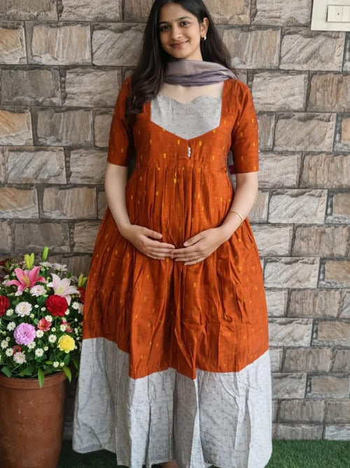 Beautiful cotton Fabric gown kurti Pant With mulmul Dupatta