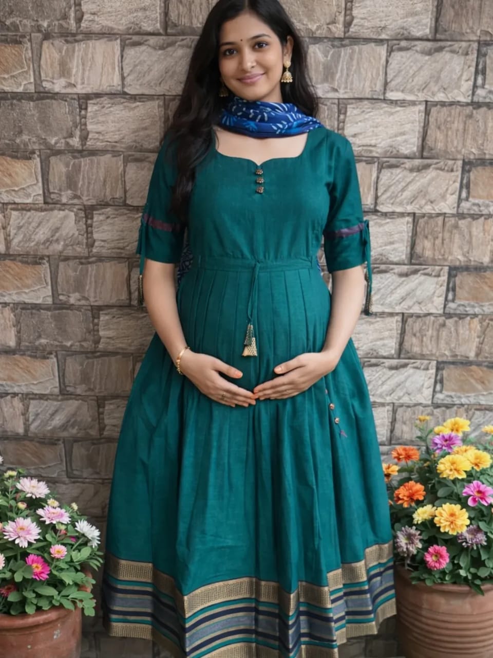 Beautiful cotton Fabric gown kurti Pant With mulmul Dupatta