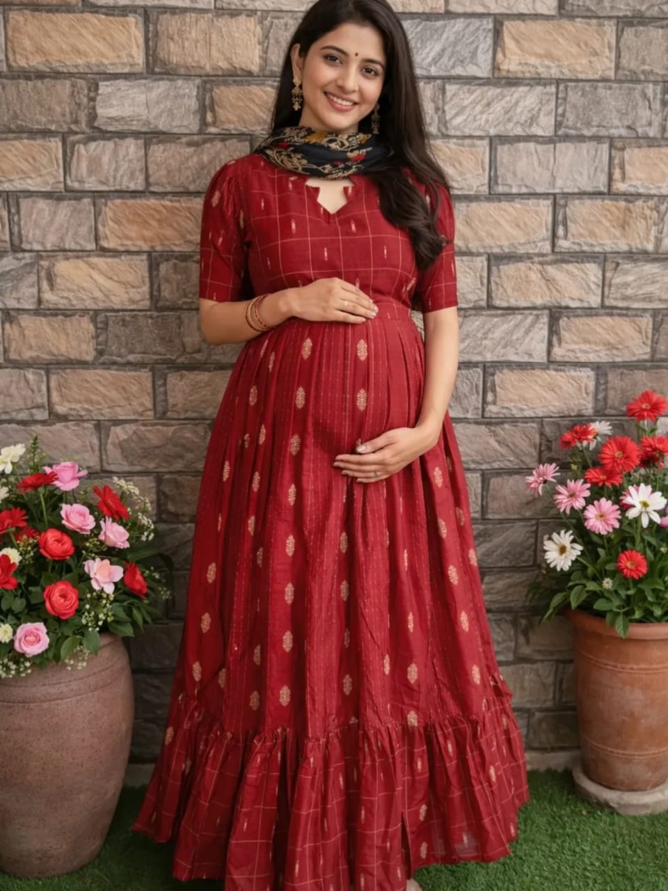 Beautiful cotton Fabric gown kurti Pant With mulmul Dupatta