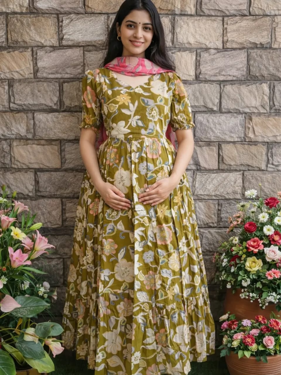 Beautiful cotton Fabric gown kurti Pant With mulmul Dupatta