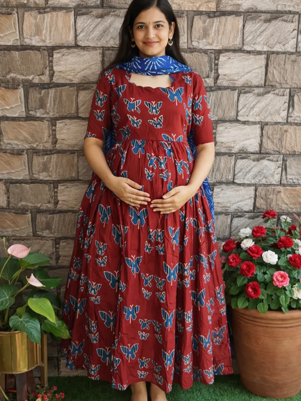 Beautiful cotton Fabric gown kurti Pant With mulmul Dupatta