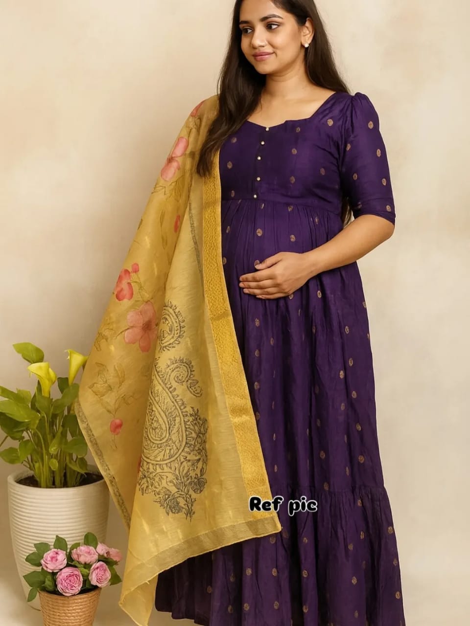 Beautiful cotton Fabric gown kurti Pant With mulmul Dupatta