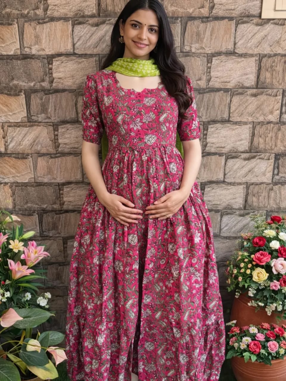 Beautiful cotton Fabric gown kurti Pant With mulmul Dupatta