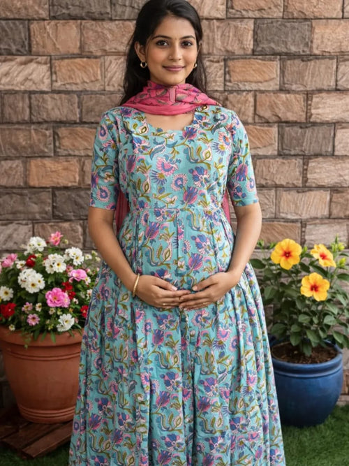 Beautiful cotton Fabric gown kurti Pant With mulmul Dupatta