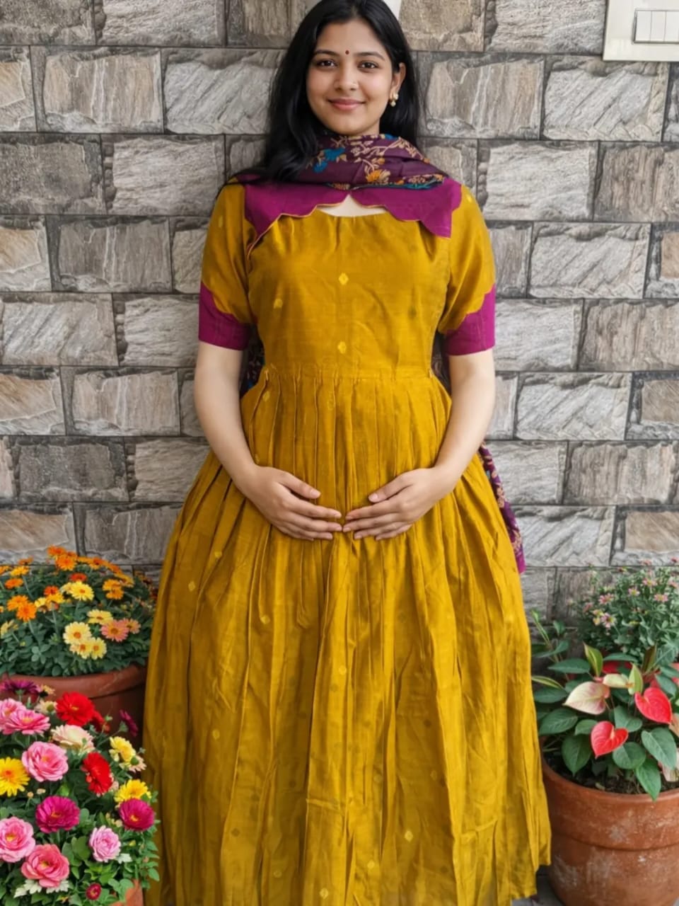 Beautiful cotton Fabric gown kurti Pant With mulmul Dupatta