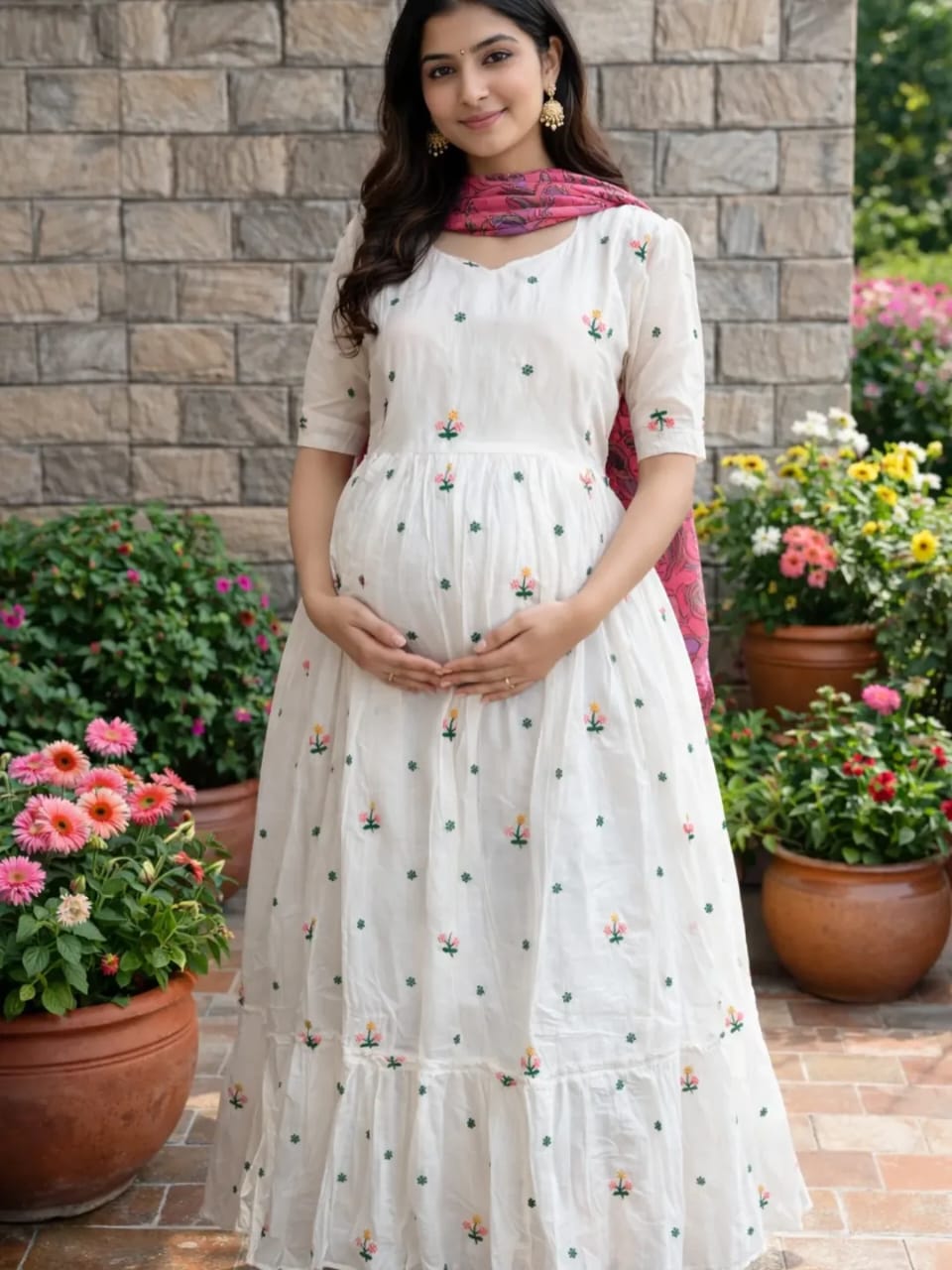 Beautiful cotton Fabric gown kurti Pant With mulmul Dupatta