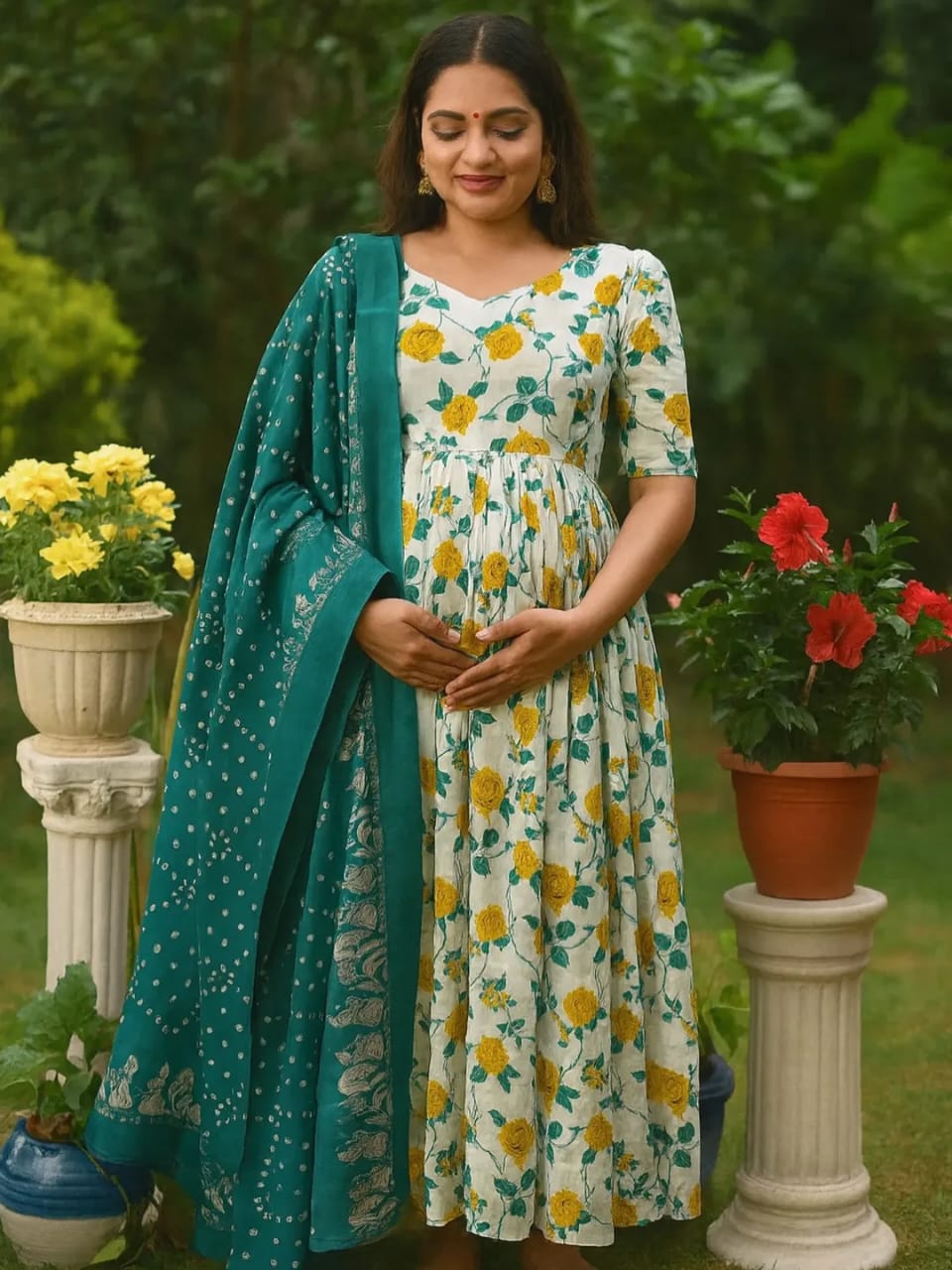 Beautiful cotton Fabric gown kurti Pant With mulmul Dupatta