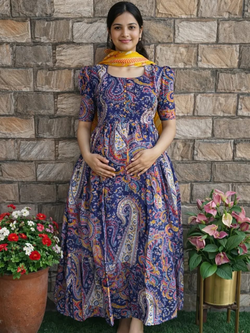 Beautiful cotton Fabric gown kurti Pant With mulmul Dupatta