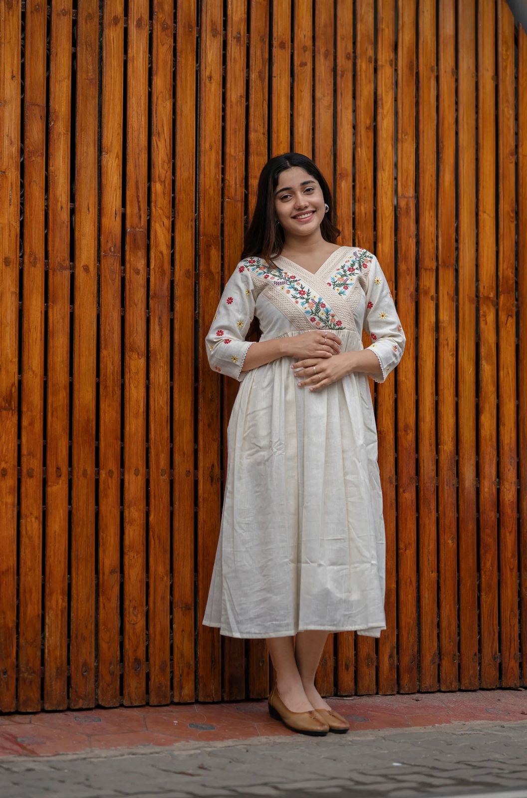 Detailing with floral embroidery on yoke and sleeves