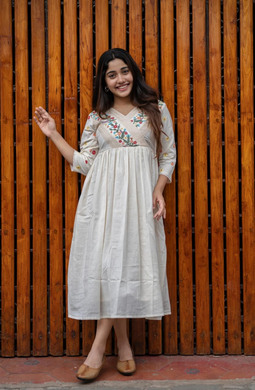 Detailing with floral embroidery on yoke and sleeves